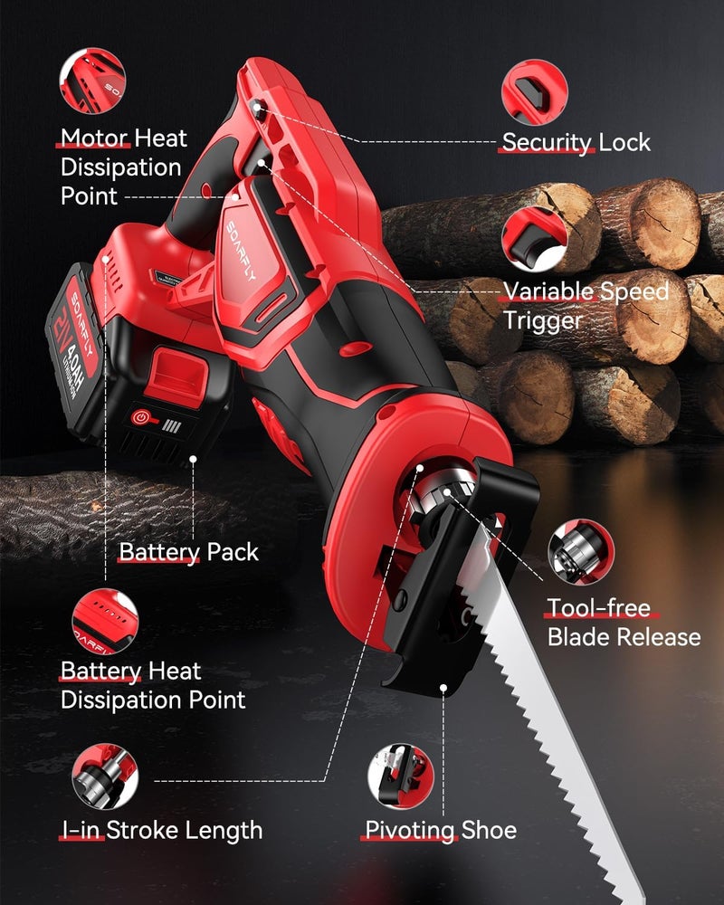 SOARFLY Cordless Reciprocating Saw 21V Brushless Motor with 2x4.0Ah Batteries, 3500 SPM High-Speed Cutting, 8 Premium Blades for Wood, Metal, PVC Pipe, Lightweight & Professional Power Tool - Image 2